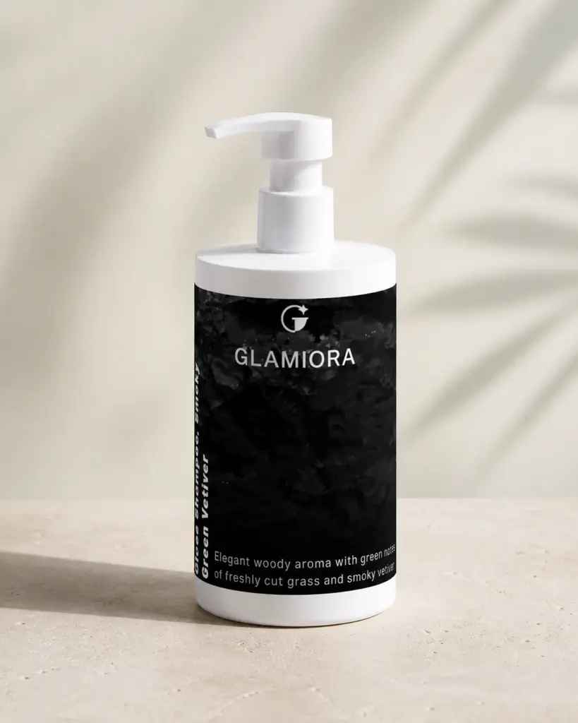 Glamiora Gloss Shampoo, Smoky Green Vetiver editorial product photography